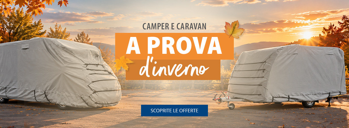 Striscione da tavolo per il Winterfest 2024. Prodotti offerti come coperture protettive per roulotte