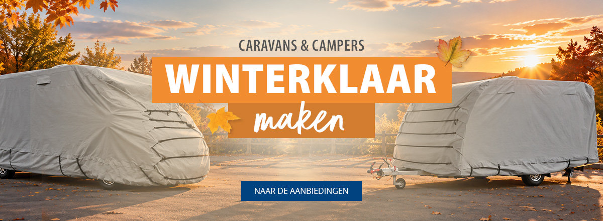Desktop banner voor het Winterfest 2024. Aangeboden producten zoals caravan beschermhoezen