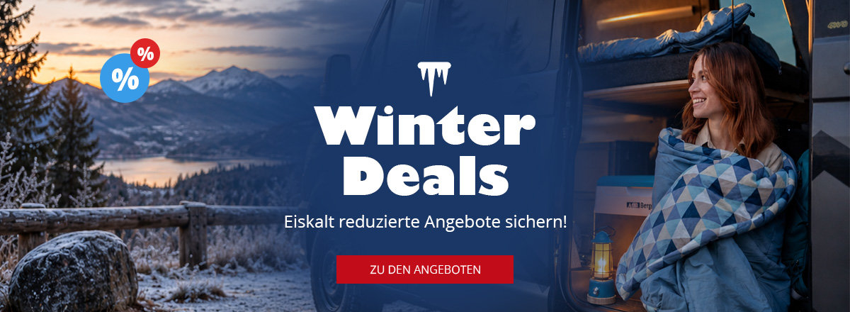 Verschneite Berglandschaft mit See links, Person mit Decke an geöffneter Camper-Tür rechts, Schriftzug "Winter Deals", Prozent-Symbole und roter Button "Zu den Angeboten"
