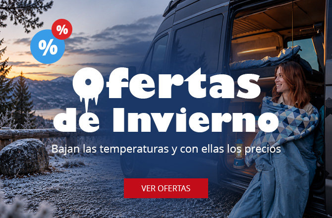 Paisaje montañoso cubierto de nieve con un lago, autocaravana aparcada con la puerta abierta, una persona envuelta en una manta sentada en la entrada, interior iluminado, texto superpuesto 'Winter Deals', iconos de porcentaje y botón rojo 'Zu den Angeboten'