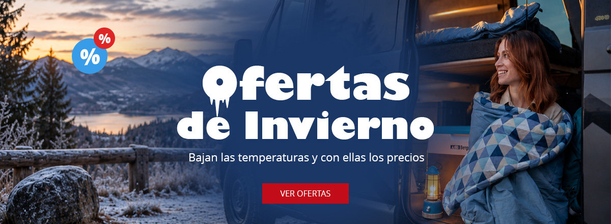 Paisaje montañoso nevado con lago a la izquierda, persona con manta junto a la puerta abierta de una autocaravana a la derecha, texto "Winter Deals", iconos de porcentaje y botón rojo "Zu den Angeboten"