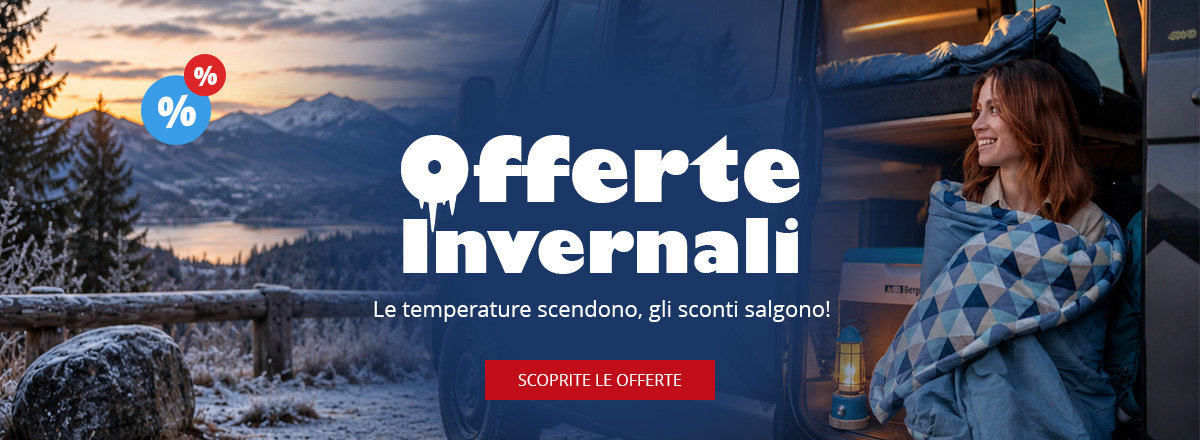 Paesaggio montano innevato con lago a sinistra, persona con coperta vicino alla porta aperta del camper a destra, testo "Winter Deals", icone percentuali e pulsante rosso "Zu den Angeboten"