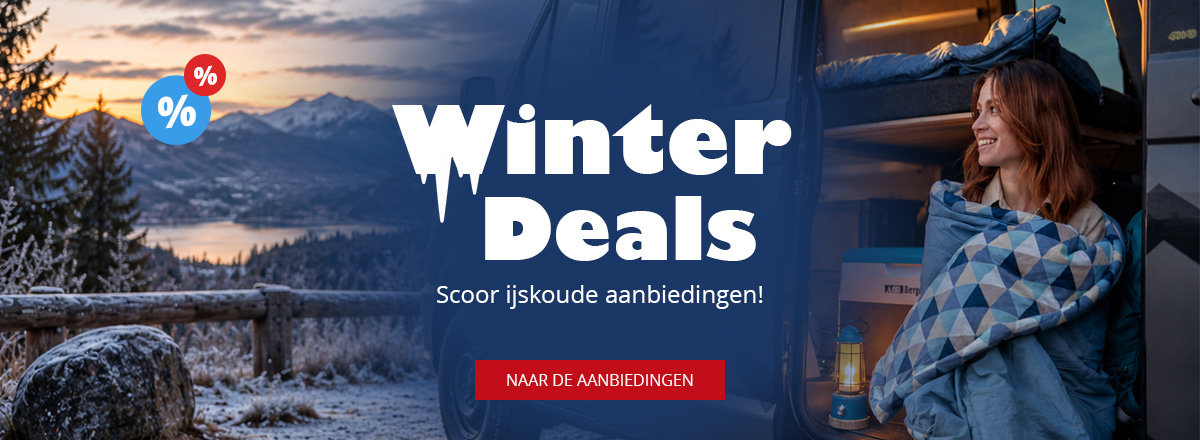 Sneeuwbedekt berglandschap met meer links, persoon met deken bij open camperdeur rechts, tekst "Winter Deals", procentpictogrammen en rode knop "Zu den Angeboten"