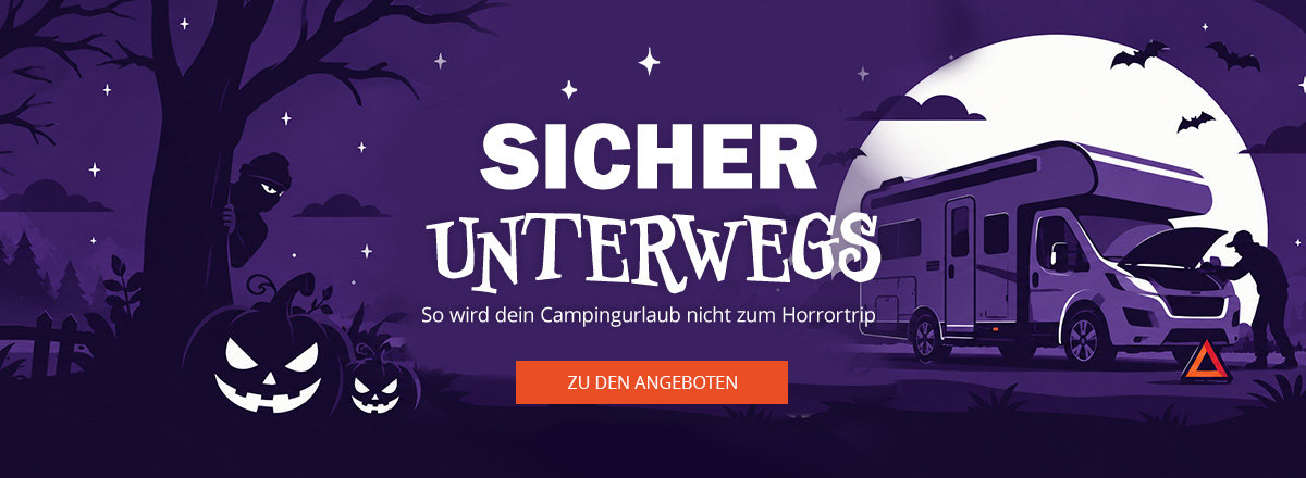 Slider Banner, sicher unterwegs Schriftzug vor blauem Hintergrund. Mehr Sicherheit im Campingurlaub