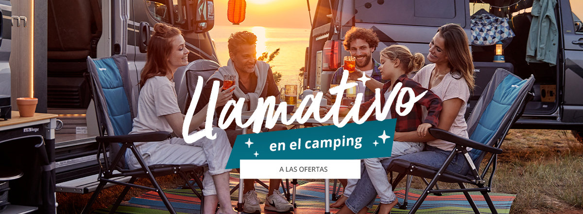 Banner deslizante Hightlight en el camping. Familia sentada y bebiendo junta