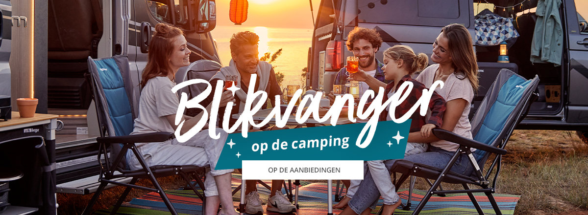 Slider Banner Hightlight op de camping. Gezin zit bij elkaar en drinkt samen