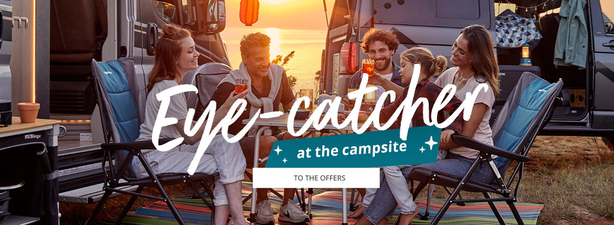 Slider Banner Hightlight on the campsite. Family sitting together and drinking together