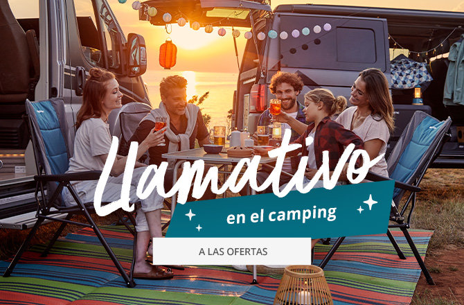 Banner deslizante móvil para destacar las ofertas del camping. Familia sentada y comiendo junta