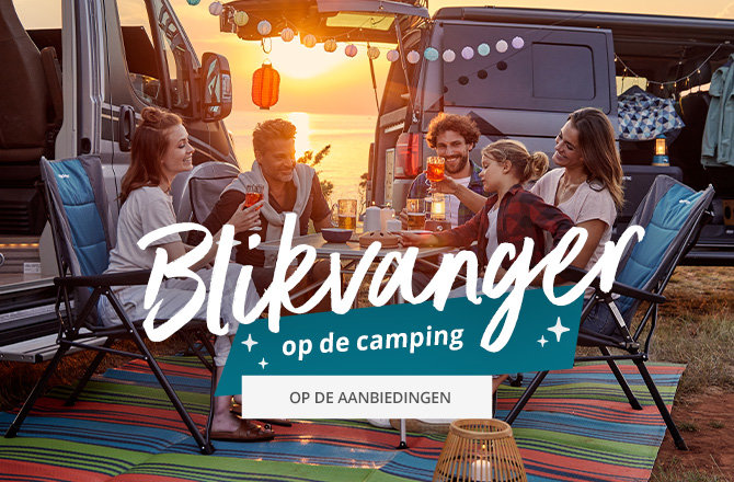 Mobiele slider banner voor hoogtepunten op de camping aanbiedingen. Gezin zit en eet samen