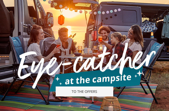 Mobile slider banner for highlights on the campsite offers. Family sitting and eating together