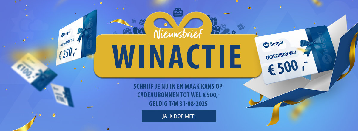 Berger prijsvraag nieuwsbrief slider, win waardebonnen tot 500 euro