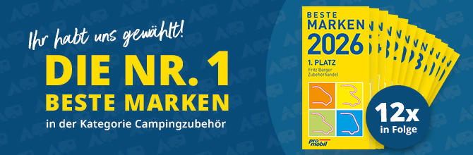 Blaues Banner; links wei&szlig;er Schriftzug Wir sind Testsieger! und gro&szlig;er gelber Text DIE NR. 1 BESTE MARKEN mit Unterzeile in der Kategorie Campingzubeh&ouml;r; rechts gelber F&auml;cher aus Karten mit Aufdruck BESTE MARKEN 2026 1. PLATZ und blauer Kreis 12x in