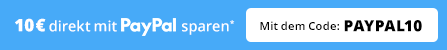 Blaues Banner mit wei&szlig;er Schrift '10&euro; direkt mit PayPal sparen*', PayPal-Logo links und rechts ein wei&szlig;er, abgerundeter Button mit dem Text 'Mit dem Code: PAYPAL10'
