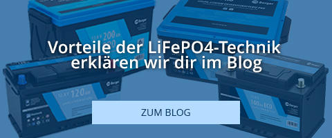 Verschiedene blaue Batterien mit einem Hinweis auf einen Blogbeitrag