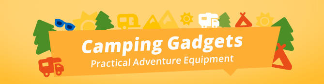 Illustration of camping gear with tent, flashlight, and map