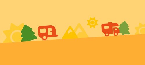 Illustration von Wohnmobilen, Bergen, Sonne und Bäumen auf orangefarbenem Hintergrund