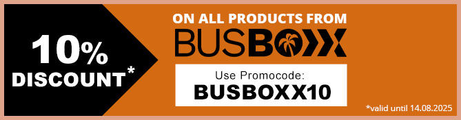 Bus with advertisement for Busboxx and 10% discount