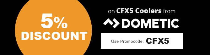 Cooler box with 5% discount sticker, below it the Dometic logo and the words "Life Made Simple"