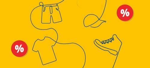 Gelber Hintergrund mit schwarzen Umrissen von Kleidung und Schuhen sowie roten Kreisen mit Prozentzeichen