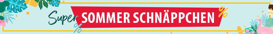 Weißer Briefumschlag mit rotem Aufkleber und Text über Sommer Schnäppchen auf gelben Hintergrund