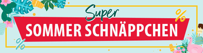 Rotes Schilder mit weißer Aufschrift 'Sommer Schnäppchen' neben grünem Blatt und gleichfarbigen Hintergrund