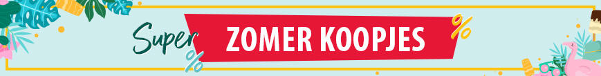 Witte envelop met rode sticker en tekst over zomeraanbiedingen op gele achtergrond