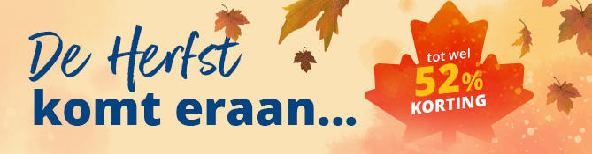 Tekst 'Herbst-ANGEBOTE', meerdere vallende herfstbladeren op een lichte achtergrond en een oranje bladafbeelding met de tekst 'bis zu -52% SPAREN'