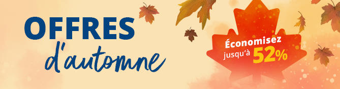 Texte 'Herbst-ANGEBOTE', plusieurs feuilles d'automne tombantes sur un fond clair et une illustration de feuille orange avec le texte 'bis zu -52% SPAREN'
