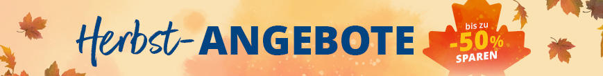 Beiges Banner mit orangefarbenen Blättern, links der Text 'Herbst-ANGEBOTE', rechts ein orangefarbener Aufkleber mit dem Text 'bis zu -52% SPAREN'