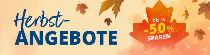Schriftzug 'Herbst-ANGEBOTE', mehrere herabfallende Herbstblätter auf hellem Hintergrund und orangefarbene Blattgrafik mit dem Text 'bis zu -52% SPAREN'