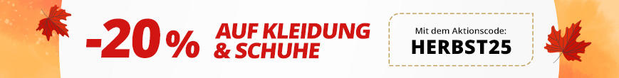Orangenes Banner. Links: rote Schrift -20% AUF KLEIDUNG & SCHUHE. Rechts: weißer Kasten mit Text Mit dem Aktionscode: HERBST25. Orange Blätter oben links und oben rechts