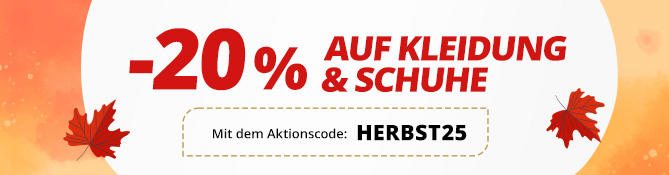 Weißer, abgerundeter Banner mit rotem Text '-20% AUF KLEIDUNG & SCHUHE' und darunter grauer Text 'Mit dem Aktionscode: HERBST25'; oranger Verlaufshintergrund mit je einem orangefarbenen Blatt links und rechts
