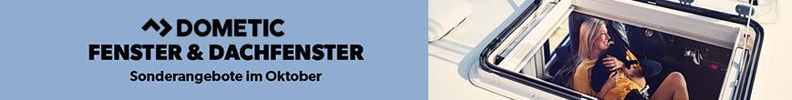 Left side light blue background with black text "DOMETIC FENSTER & DACHFENSTER Sonderangebote im Oktober"; right side open roof window with a person looking out