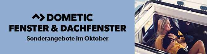 Left blue background with black text 'DOMETIC FENSTER & DACHFENSTER Sonderangebote im Oktober'. Right a blonde woman in a yellow jacket looking out of an open roof window of a vehicle holding a small brown dog