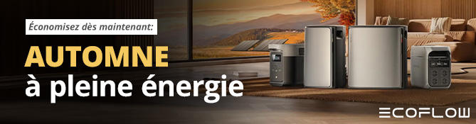Bannière noire avec texte allemand 'Jetzt kräftig sparen: HERBSTPOWER sichern', trois stations d'alimentation portables sur une surface en bois dans un salon, vase avec plantes séchées, canapé, logo EcoFlow