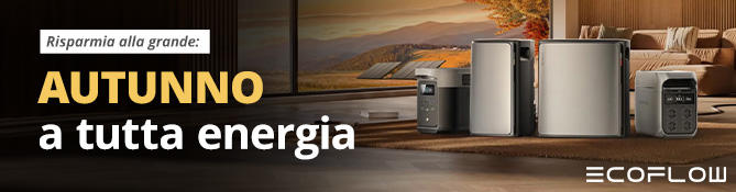 Banner nero con testo tedesco 'Jetzt kräftig sparen: HERBSTPOWER sichern', tre stazioni di alimentazione portatili su una superficie in legno in un soggiorno, vaso con piante secche, divano, logo EcoFlow