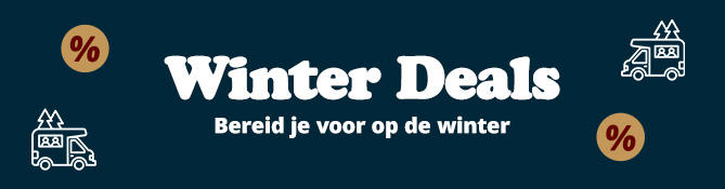 Donkerblauwe banner met grote witte tekst 'Winter Deals', daaronder kleinere witte tekst 'Mach dich bereit für den Winter'; oranje procenttekens in cirkels links en rechts; twee witte bestelwagenpictogrammen met pakketten