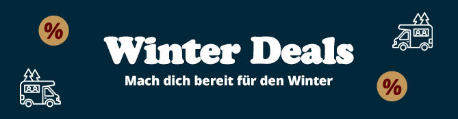 Dunkelblauer Banner mit großem weißen Schriftzug 'Winter Deals', darunter kleiner weißer Text 'Mach dich bereit für den Winter'; orange Prozentzeichen in Kreisen links und rechts; zwei weiße Lieferwagen-Symbole mit Paketen