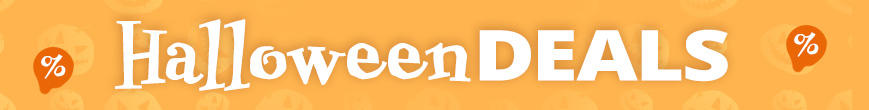 Oranger Hintergrund mit weißer Schrift 'HalloweenDEALS' und je ein kleines rundes Prozentzeichen links und rechts
