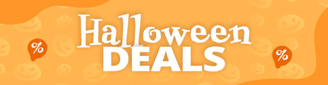 Oranges Banner mit weißer Aufschrift 'Halloween DEALS' und Hintergrund mit wiederholten Kürbisgesichtern und weißen Prozentzeichen