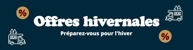 Bannière bleu foncé avec grand texte blanc 'Winter Deals', en dessous petit texte blanc 'Mach dich bereit für den Winter' ; symboles pourcentage orange dans des cercles à gauche et à droite ; deux icônes blanches de camion de livraison avec colis