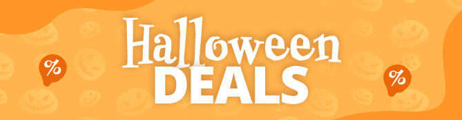 Orange banner with white text 'Halloween DEALS' and a background patterned with repeating jack-o'-lantern faces and white percent symbols