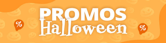 Bannière orange avec texte blanc 'Halloween DEALS' et fond à motifs de visages de citrouille répétés et symboles de pourcentage blancs