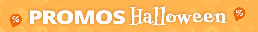 Fond orange avec le texte blanc 'HalloweenDEALS' et un petit symbole de pourcentage rond à gauche et à droite