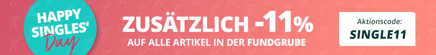 Türkis-rosa Banner mit links HAPPY SINGLES' Day, mittig ZUSÄTZLICH -11% AUF ALLES IM SALE, rechts kleiner türkiser Kreis mit weißem Text