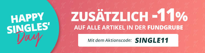 Türkis-rosa Hintergrund; links Text 'HAPPY SINGLES' Day'; mittig weißer Kreis mit 'ZUSÄTZLICH -11% AUF ALLES IM SALE'; rechts kleiner türkiser Kreis mit 'NUR HEUTE mit dem Aktionscode: SINGLE11'