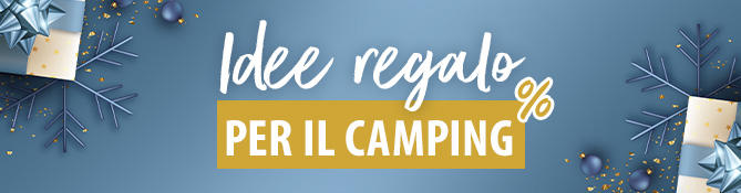 Vista esterna di un camper blu davanti a una foresta