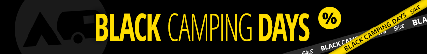 Black background with tent and caravan icon on the left, large yellow text "BLACK CAMPING DAYS" and a yellow circle with a percent sign