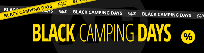 Black banner with yellow text BLACK CAMPING DAYS, a yellow circle with a percent sign on the right, and yellow diagonal ribbons with the word SALE along the top edge