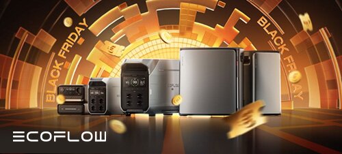 Mehrere rechteckige silberne und schwarze Geräte nebeneinander vor goldenem, kreisförmigem Hintergrund; schwebende Goldmünzen, der Text "BLACK FRIDAY" und das Logo "ECOFLOW"